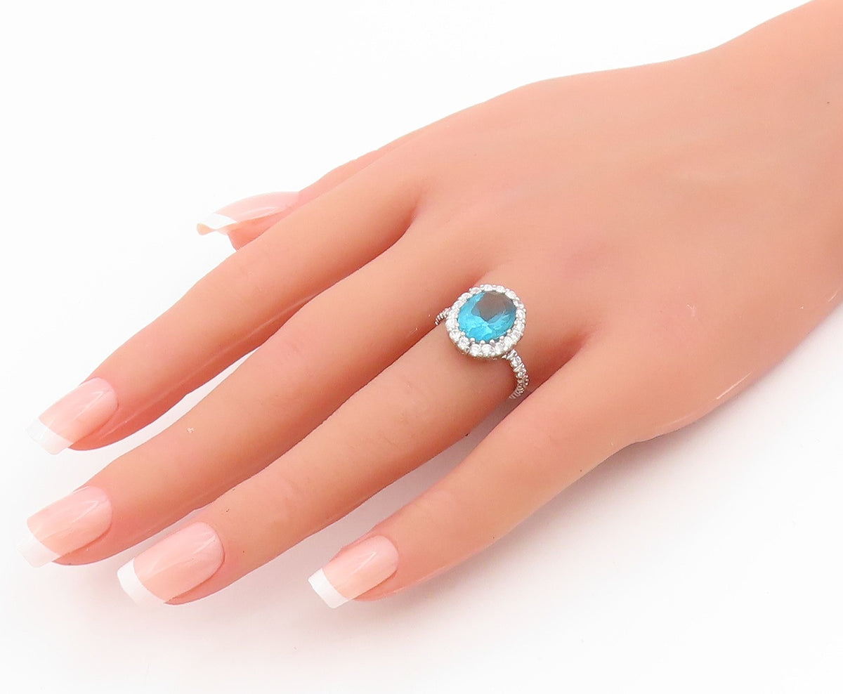 925 Sterling Silver Vintage Ring Faceted Blue Topaz Halo CZ Band  Sz 6  RG33920