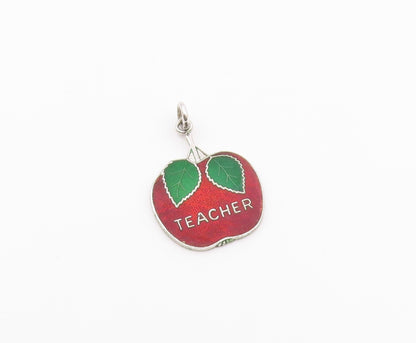 925 Sterling Silver  Vintage Enamel Teacher Apple Drop Pendant  PT16399