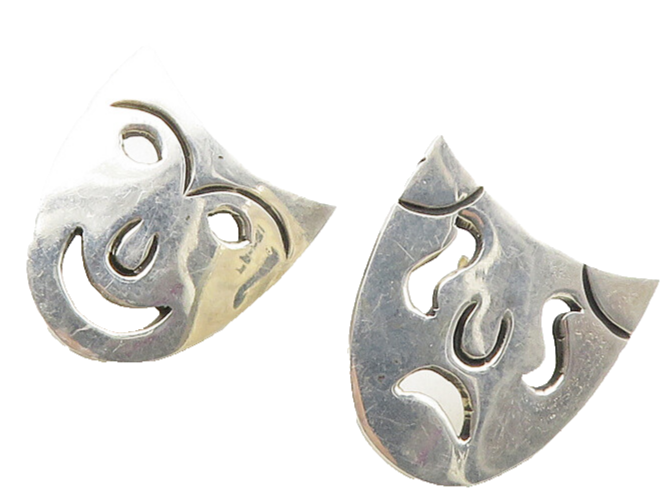 MEXICO 925 Silver  Vintage Cutout Dramatic Theater Masks Drop Earrings  EG5059