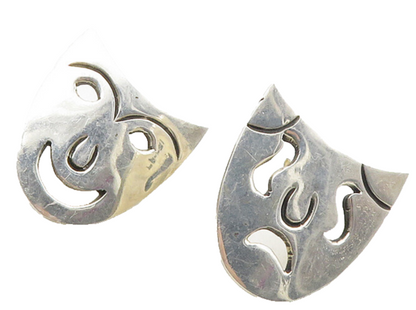 MEXICO 925 Silver  Vintage Cutout Dramatic Theater Masks Drop Earrings  EG5059
