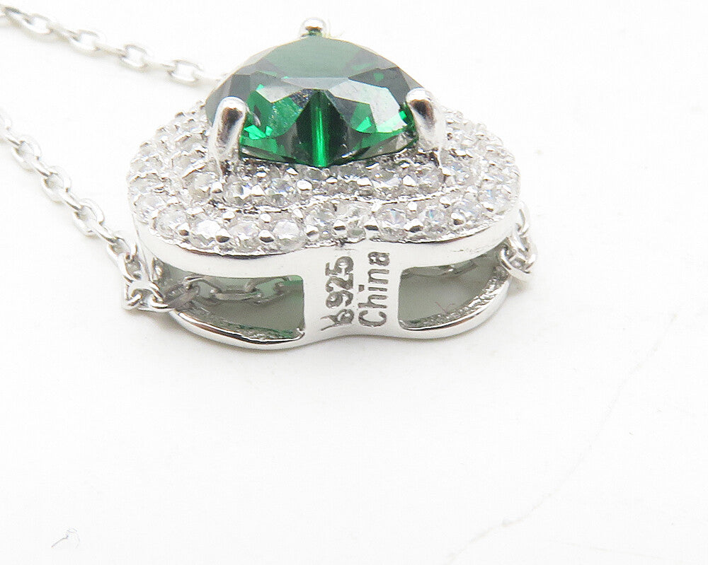 925 Sterling Silver  Green & White Topaz Love Heart Chain Necklace  NE2056
