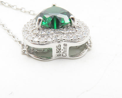 925 Sterling Silver  Green & White Topaz Love Heart Chain Necklace  NE2056