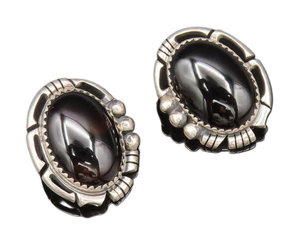 NAVAJO 925 Silver  Vintage Openwork Edge Black Onyx Clip Back Earrings EG12300