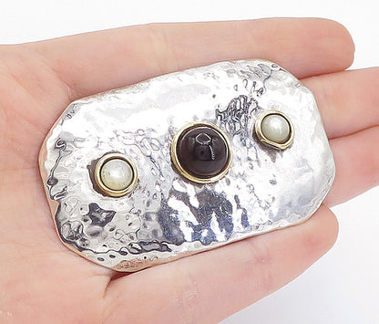 925 Sterling Silver  Vintage Black Onyx & Mother Of Pearl Brooch Pin  BP2600