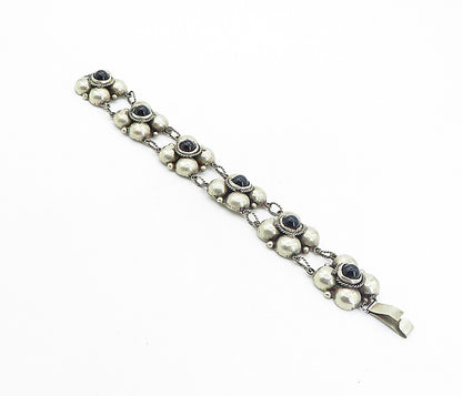 MEXICO 925 Silver  Vintage Antique Garnet Floral Twist Chain Bracelet  BT3554