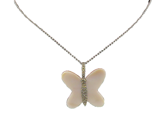 925 Silver  Vintage Mother Of Pearl & Marcasite Butterfly Necklace  NE2032