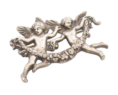 925 Sterling Silver Vintage Brooch Twin Cherub Angel Floral Wreath Pin  BP11887