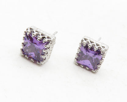 925 Sterling Silver  Sparkling Purple Cubic Zirconia Stud Earrings  EG6508