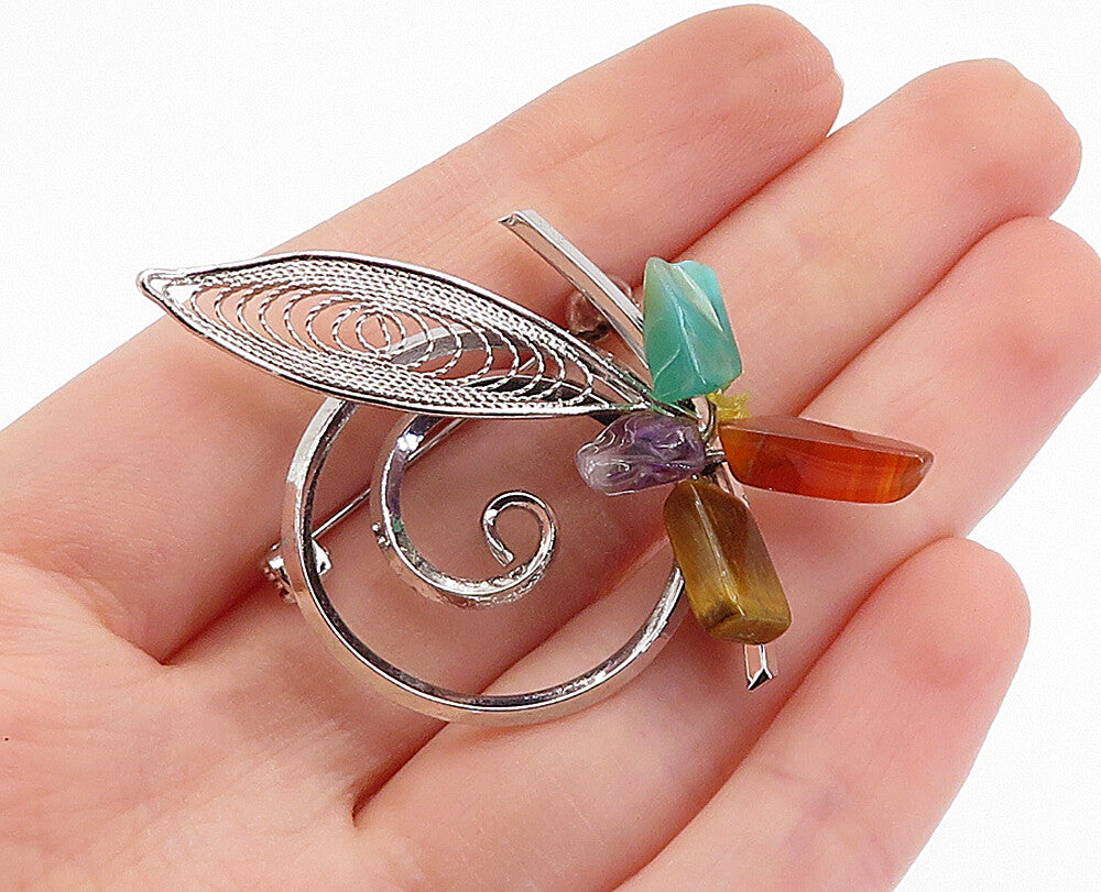 JAPAN 925 Silver  Tiger's Eye Amethyst Agate & Carnelian Brooch Pin  BP1186