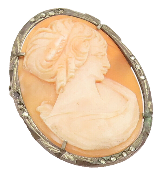 925 Sterling Silver  Vintage Antique Marcasite Frame Cameo Brooch Pin  BP10351