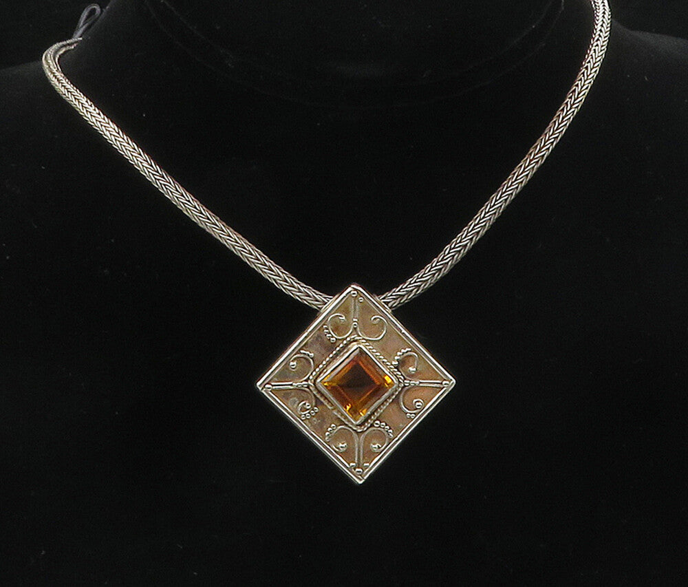 925 Sterling Silver  Vintage Citrine Swirl Shiny Wheat Chain Necklace  NE1885