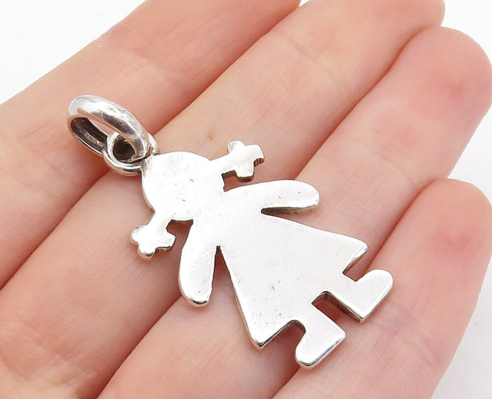 925 Sterling Silver  Vintage Shiny Little Girl Silhouette Drop Pendant  PT5440