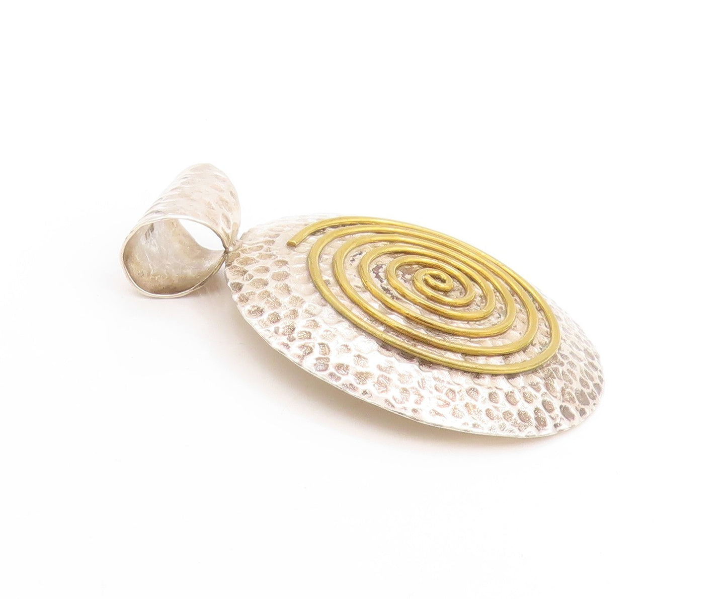 925 Sterling Silver Vintage Pendant Two Tone Hammered Modernist Spiral  PT25097