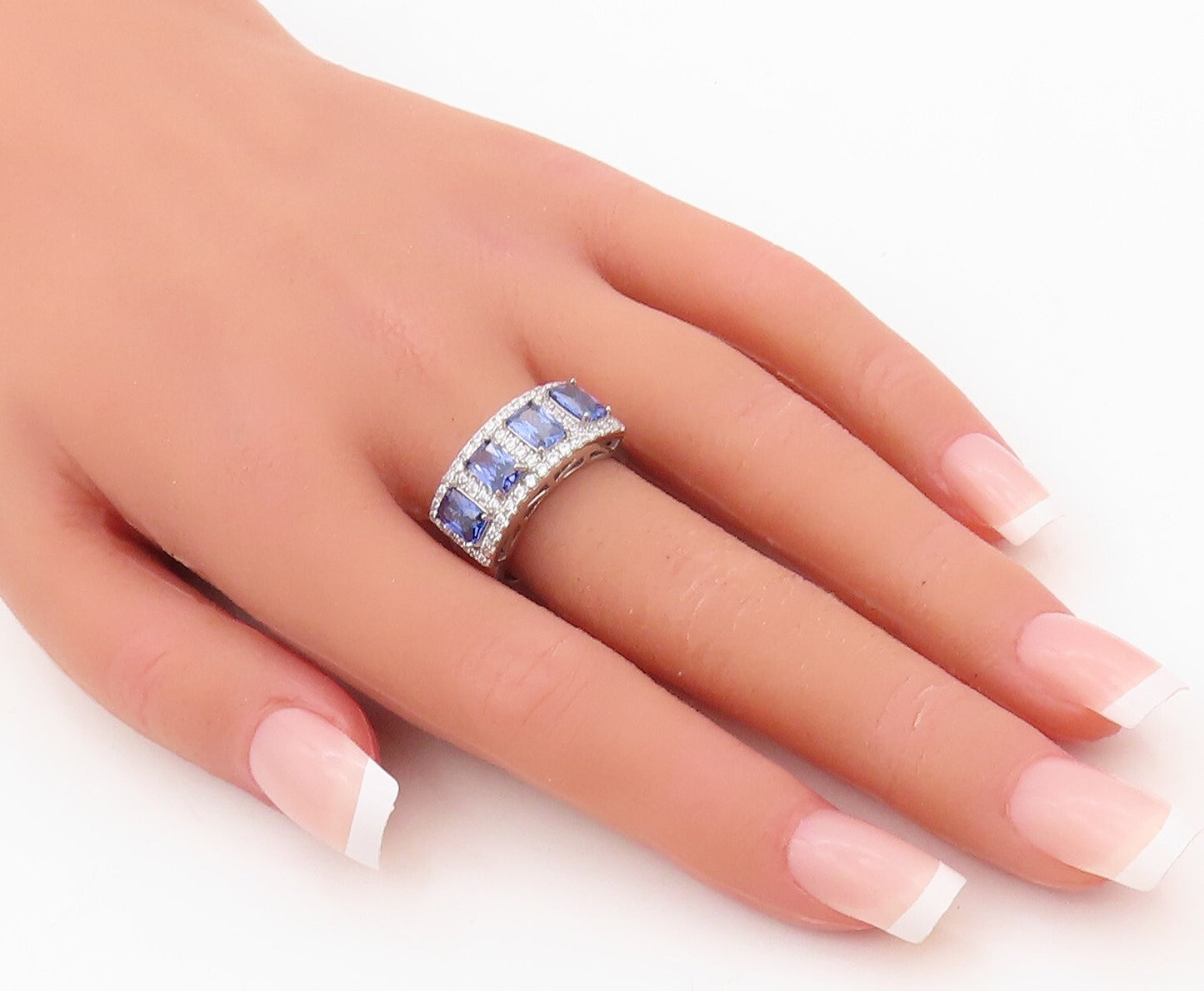 925 Sterling Silver Vintage Ring Rectangle Sapphire & CZ Inlay  Sz 7  RG30345