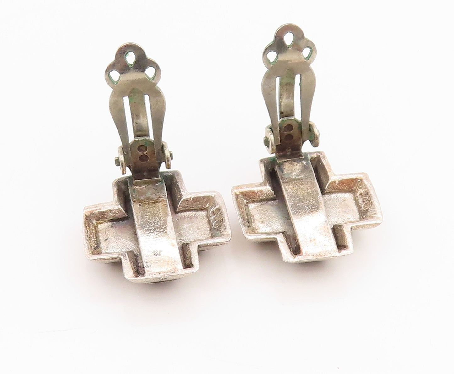 925 Sterling Silver Vintage Earrings Onyx Inlay Plus Sign Clip Back  EG13542