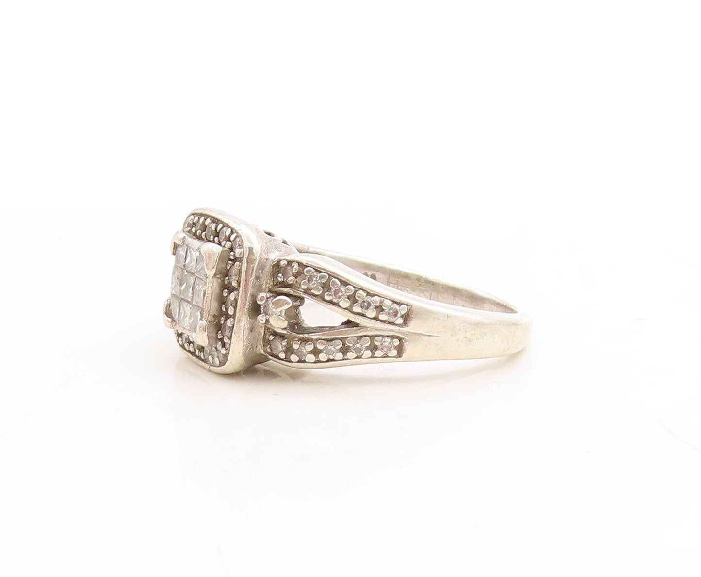 925 Sterling Silver Vintage Ring 1/4 Ct Diamonds Square Inlay Sz 7 RG31191