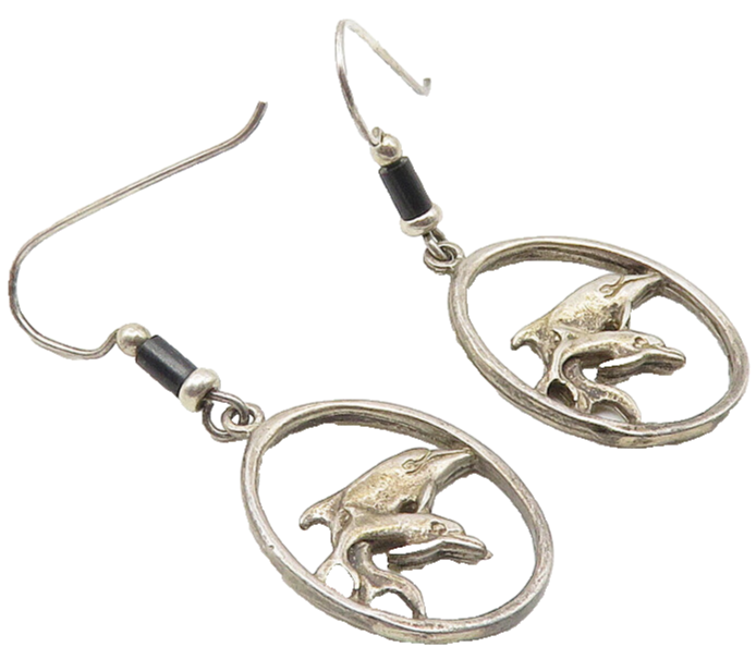 925 Sterling Silver  Vintage Black Onyx Beaded Dolphin Dangle Earrings  EG5719