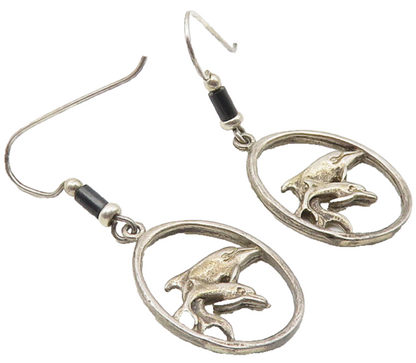 925 Sterling Silver  Vintage Black Onyx Beaded Dolphin Dangle Earrings  EG5719