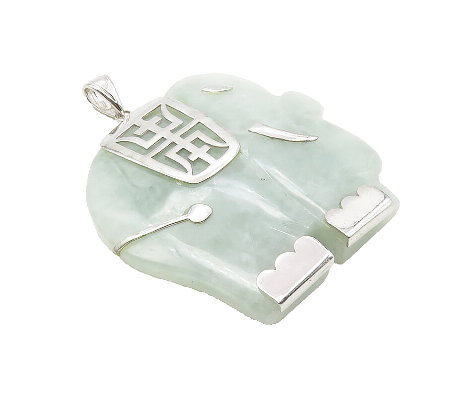 925 Sterling Silver  Elephant Carved Jade Chinese Character Pendant  PT7840