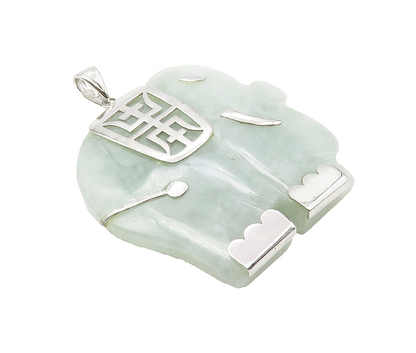 925 Sterling Silver  Elephant Carved Jade Chinese Character Pendant  PT7840