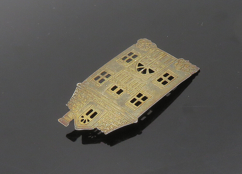 925 Sterling Silver  Vintage Dark Tone House Etched Detail Brooch Pin  BP7781