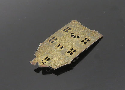 925 Sterling Silver  Vintage Dark Tone House Etched Detail Brooch Pin  BP7781