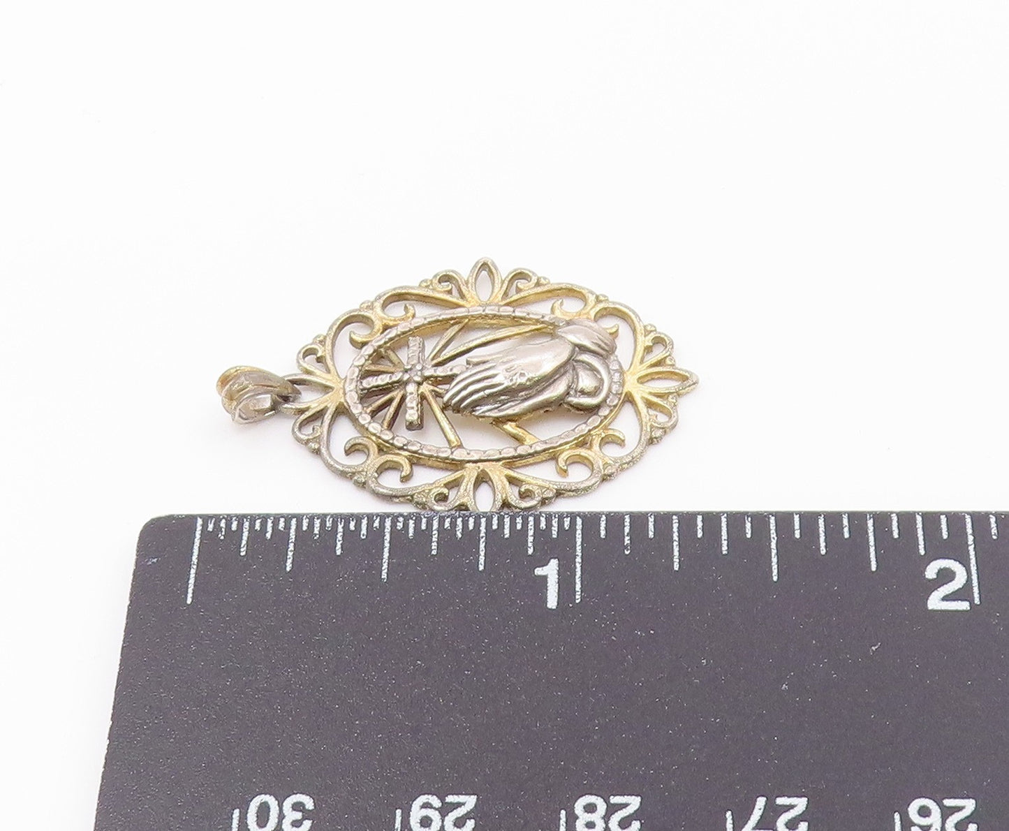 925 Sterling Silver  Vintage Two Tone Prayer Hands & Cross Pendant  PT17794
