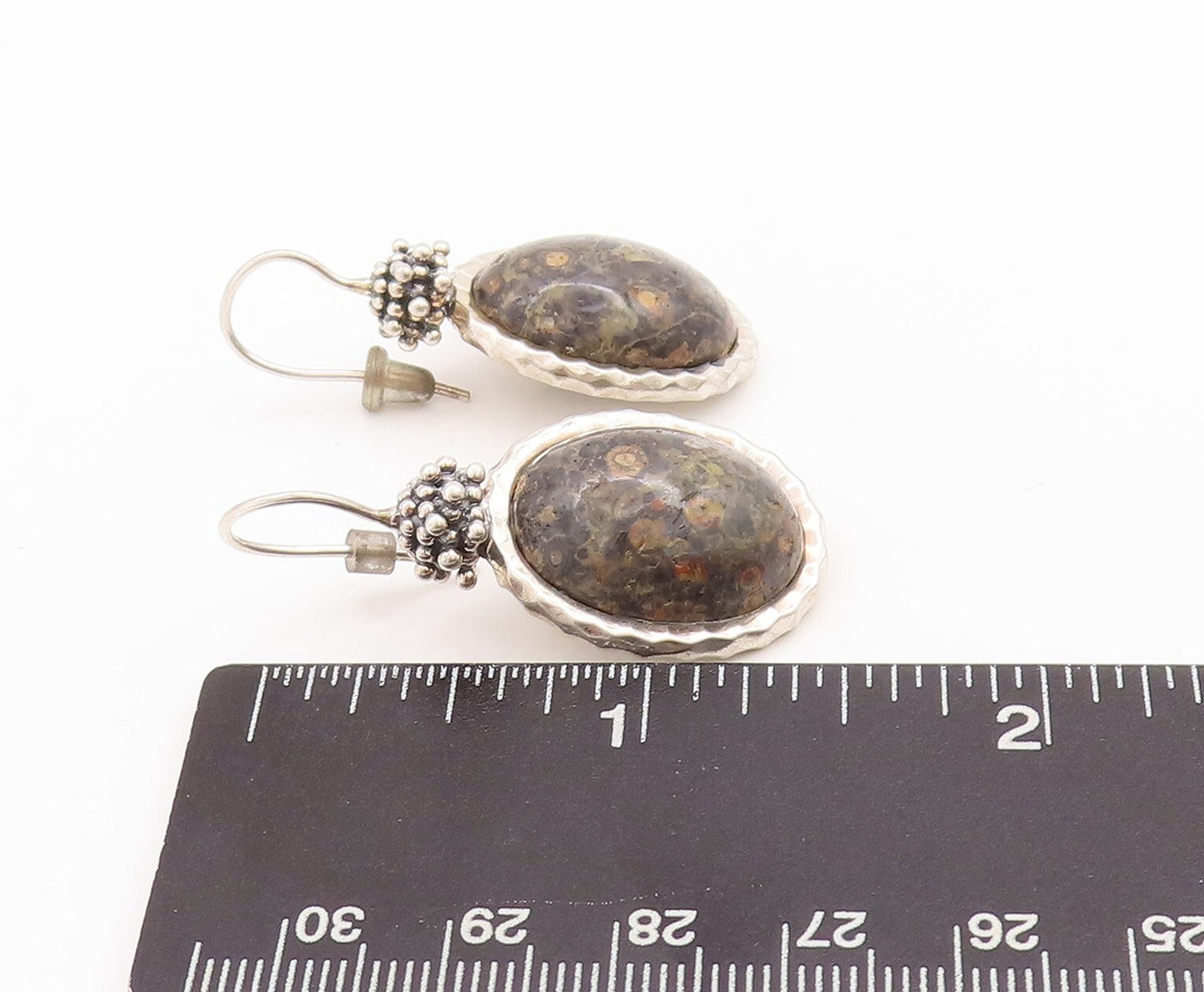 925 Sterling Silver Vintage Earrings Beaded Top Oval Fossil Agate  EG13113