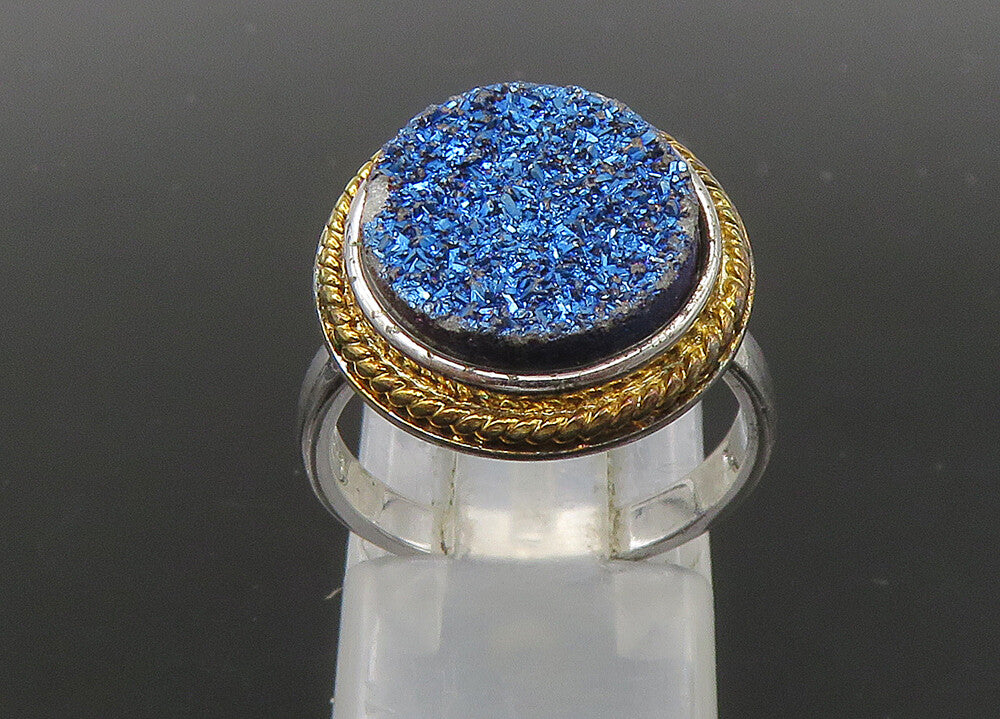 925 Sterling Silver  Vintage Blue Druzy Stone Cocktail Ring Sz 6  RG22758