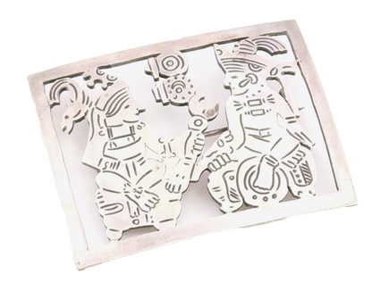 925 Sterling Silver  Vintage Etched Traditional Figures Brooch Pin  BP4053