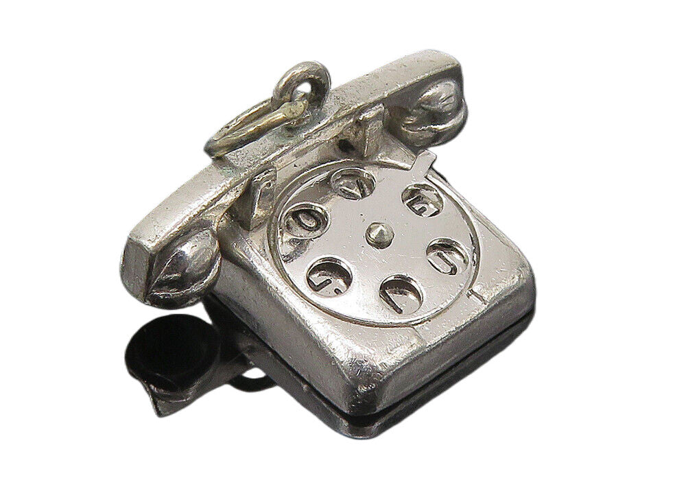 925 Sterling Silver  Vintage Shiny Old Fashioned Telephone Pendant  PT8134