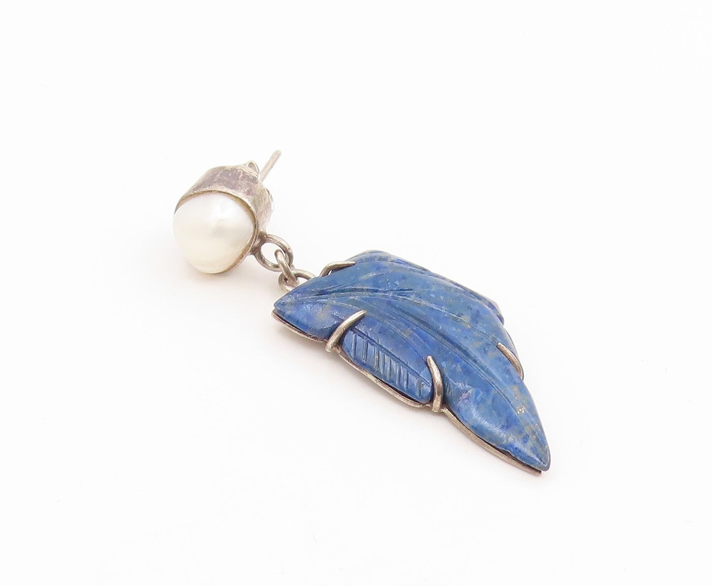925 Sterling Silver Vintage Earrings JAIN ALOK Pearl Carved Lapis Lazuli EG14172