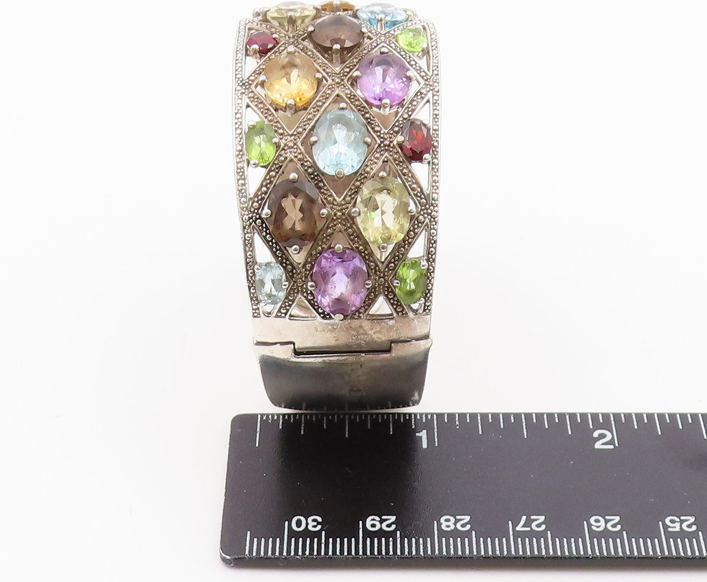 925 Sterling Silver Vintage Bracelet MICHELLE ALBALA Multi Gemstone Cuff BT11990