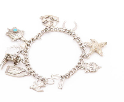 925 Sterling Silver Vintage Bracelet Ocean Life Dangling Larimar Charms  BT11276
