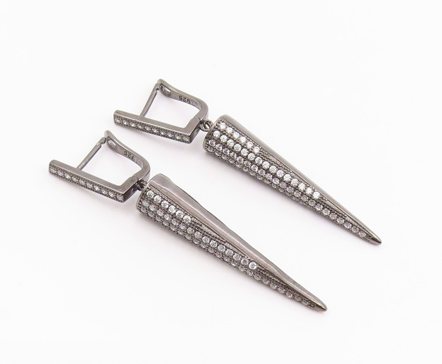 925 Sterling Silver Vintage Earrings CZ Dark Tone Geometric Cone Dangle  EG14222