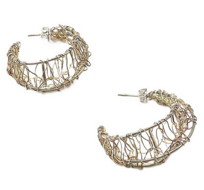 925 Sterling Silver  Vintage Shiny Modernist Wire Art Hoop Earrings  EG9244