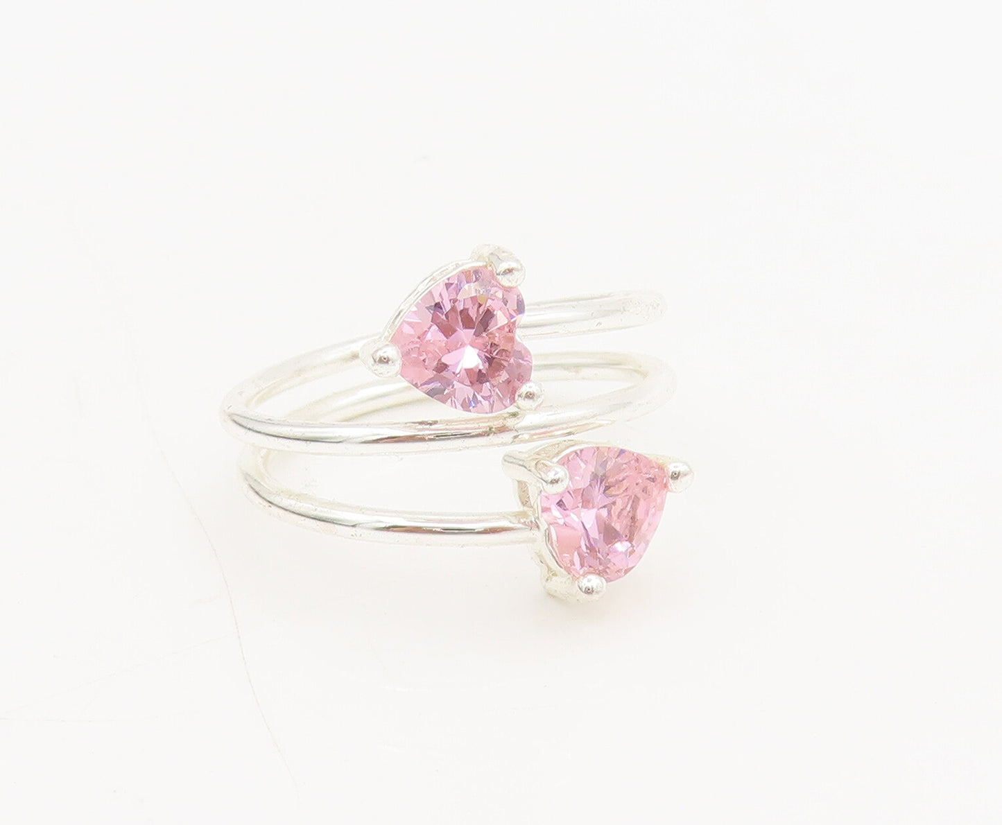 925 Silver  Vintage Minimalist Pink Hearts CZ Spiral End Ring Sz 8.5  RG27024