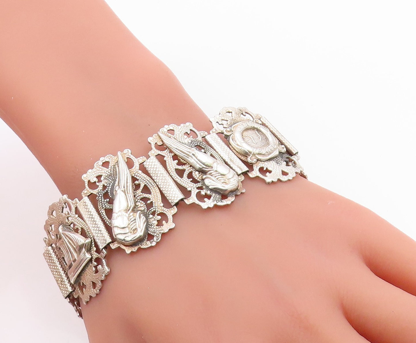 925 Sterling Silver Vintage Bracelet Modernist Marine Life Motif Link  BT12071