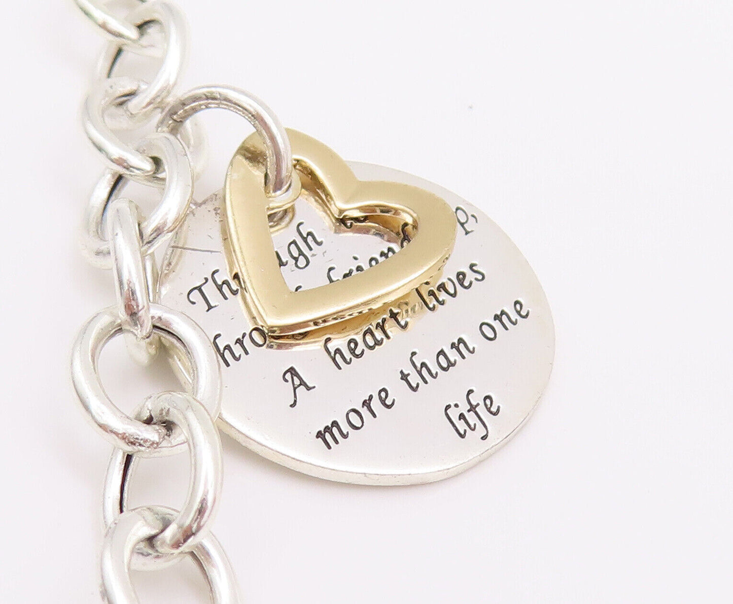 925 Sterling Silver Vintage Bracelet Ring Chain Cutout Heart & Message  BT10643
