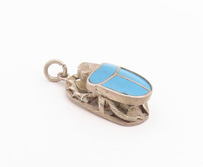 925 Sterling Silver Vintage Pendant Solid Carved Turquoise Scarab  PT24704