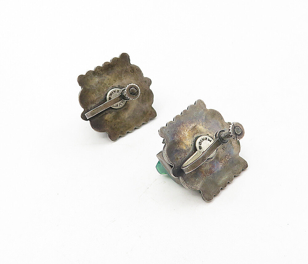 MEXICO 925 Silver  Vintage Antique Green Onyx Face Non Pierce Earrings  EG3964
