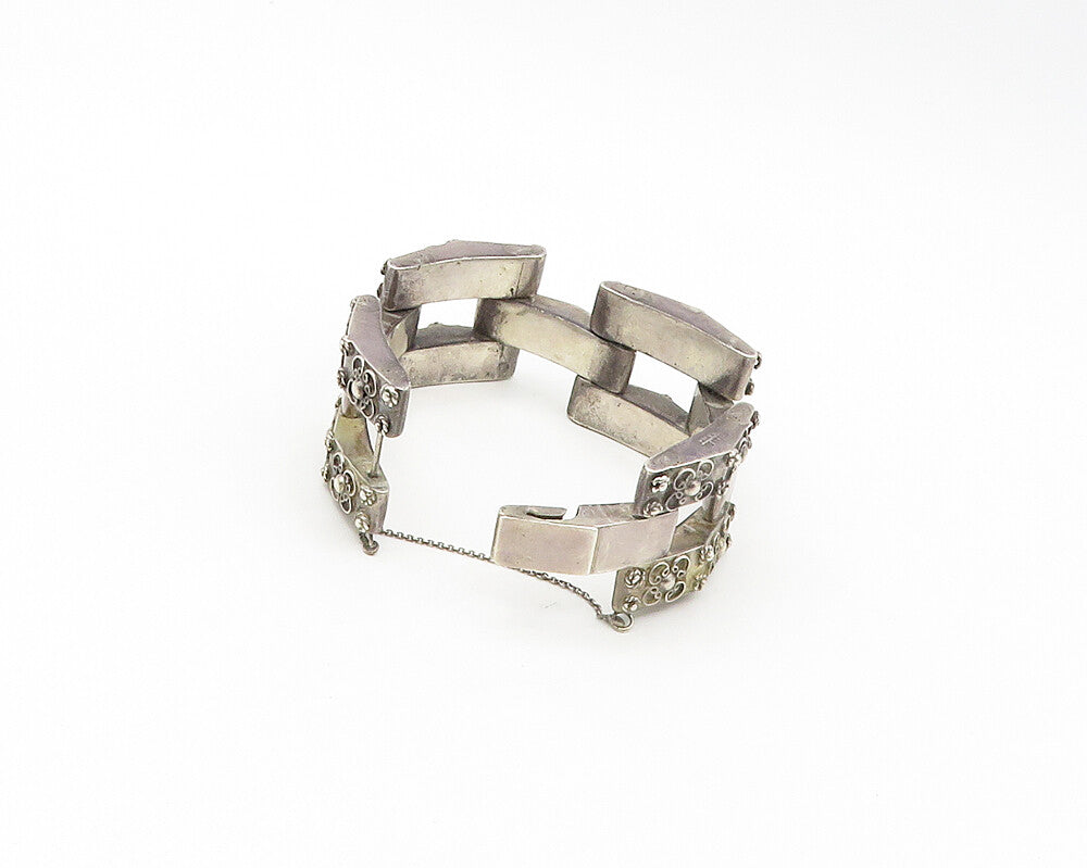 925 Sterling Silver  Vintage Dark Tone Flower Pattern Chain Bracelet  BT6801