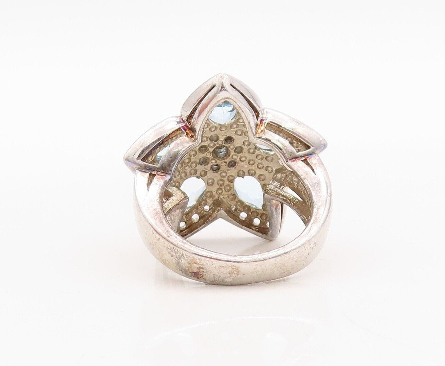 925 Sterling Silver Vintage Ring White & Blue Topaz Flower  Sz 7  RG29943