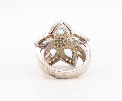 925 Sterling Silver Vintage Ring White & Blue Topaz Flower  Sz 7  RG29943