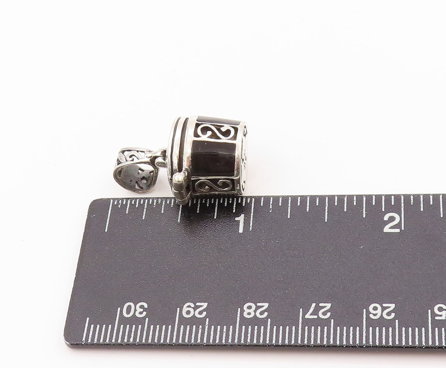925 Sterling Silver Vintage Pendant Onyx Inlay Swirly Carved Box OPENS  PT24052
