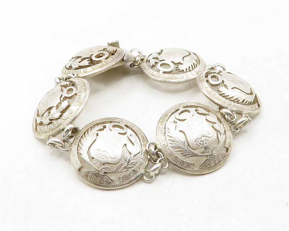925 Sterling Silver  Vintage Antique Peru Coat Of Arms Chain Bracelet  BT4835
