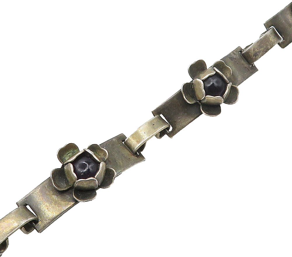 925 Sterling Silver  Vintage Antique Black Onyx Floral Chain Bracelet  BT6605