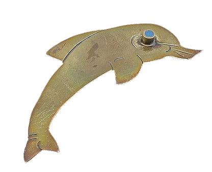 925 Silver  Vintage Carved Dolphin With Turquoise Eye Brooch Pin  BP9545