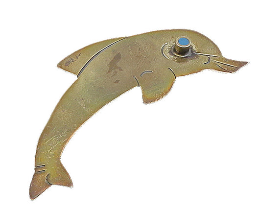 925 Silver  Vintage Carved Dolphin With Turquoise Eye Brooch Pin  BP9545