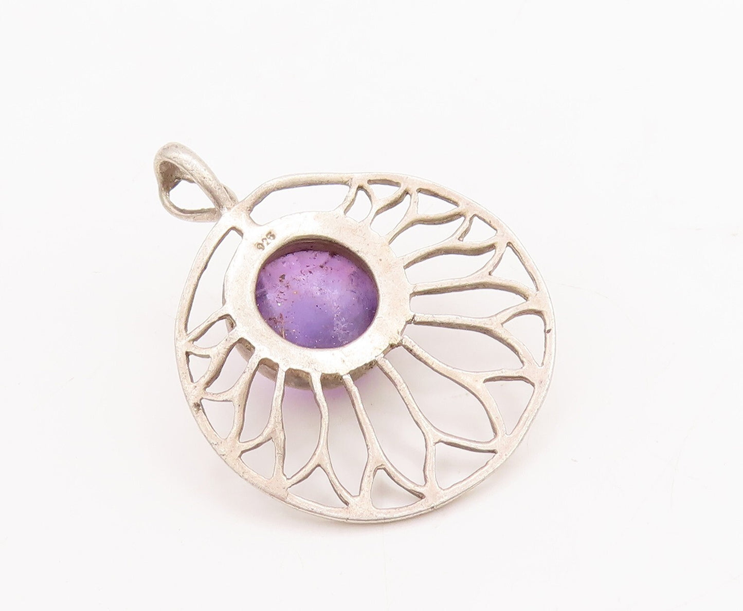 925 Sterling Silver Vintage Pendant Cutout Amethyst Round Flower  PT23296